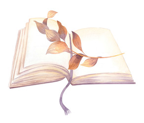 открытая акварельная книга с засушенными осенними листьями, теплыми бежево-лавандовыми и коричневыми тонами, закладка на ленте - Lizyaeva_art