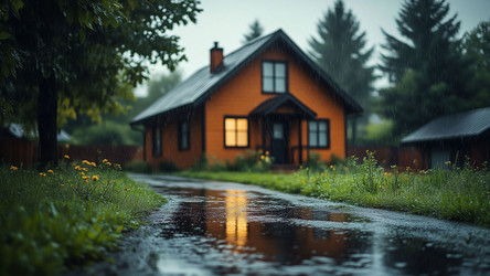 уютный оранжевый домик с теплым светом из окон, отражающимся в луже во время сильного дождя - Kulkann75