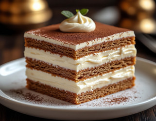 Tiramisu – layered dessert with coffee-soaked ladyfingers and mascarpone cream – top view - Nik.Alex