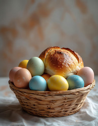 корзина с пасхальным куличом и плакат с радужными яйцами - Nik.Alex