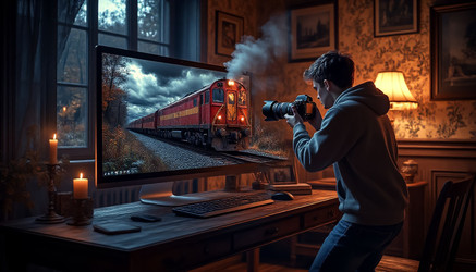 проекция футуристического поезда, выходящего из монитора с фотографом. сгенерированный искусственным интеллектом - Nik.Alex