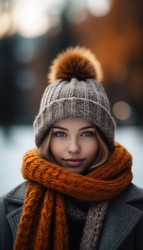 женщина в вязаной шапке и шарфе в костюме для холодной погоды - Nik.Alex