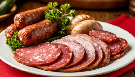 тарелка с мясным ассорти с ломтиками болонской колбасы и гарниром в деревенском стиле - Nik.Alex