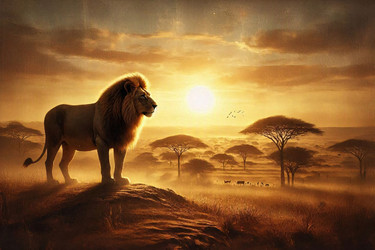 Баннер веб-сайта Majestic wildlife с силуэтом льва на фоне золотистого заката в саванне, изображение, сгенерированное искусственным интеллектом - yuyu