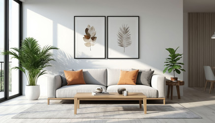 Современный минималистский интерьер гостиной с диваном и декоративными аксессуарами на стене белого цвета- 3D рендеринг - Nik.Alex