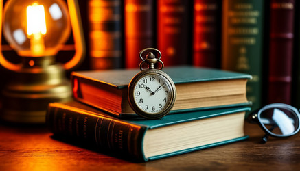старинные часы, сложенные стопкой книги, очки для чтения - Nik.Alex