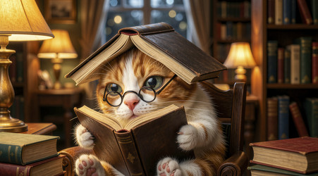книжный кот в уютной библиотеке - Vvicca