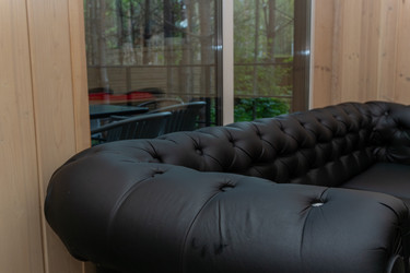 Крупный план роскошного дивана Chesterfield из черной тафтинговой кожи в уютном деревянном интерьере с большими стеклянными окнами с видом на зелень - DmitryKurullin