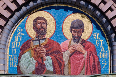 Мозаика Святые мученики Иоанн и Евстафий, Василий Петрович Беляев, кокошники южного крыльца, южная сторона, Храм Воскресения Христова (Спас на Крови), Санкт-Петербург, наб. Канала Грибоедова, 2Б - donsun