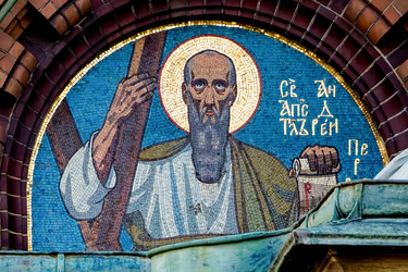Мозаика Святой апостол Андрей Первозванный, Василий Васильевич Беляев, малый кокошник, южный фасад, Храм Воскресения Христова (Спас на Крови), Санкт-Петербург, наб. Канала Грибоедова, 2Б - donsun