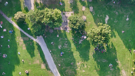 полет беспилотника над парком лафонтен летом, центр города на заднем плане. монреаль, квебек, канада - EOS_Canon