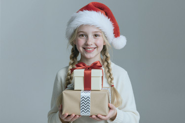 Portrait of Happy Girl in Santa Hat Holding Christmas Gifts - Mediaphotos