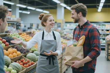 Улыбающаяся женщина-бакалейщик помогает покупателям в продуктовом отделе супермаркета - SeventyFour