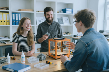 Инженеры тестируют и обсуждают прототип, напечатанный на 3d-принтере, в мастерской - SeventyFour