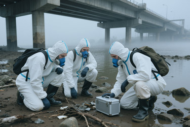 Ученые в защитных костюмах проверяют загрязнение воды на берегу реки - SeventyFour