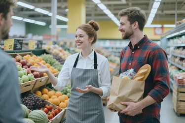 Улыбающаяся женщина-бакалейщик помогает покупателям в продуктовом отделе супермаркета - SeventyFour