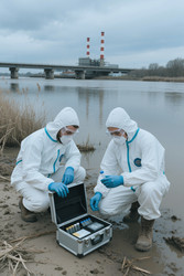 Ученые в защитных костюмах проверяют пробы воды вблизи промышленного предприятия - SeventyFour