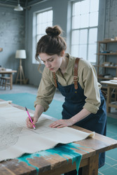 Женщина рисует архитектурный эскиз на холсте в художественной студии - AnnaStills