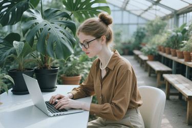 Женщина, работающая за ноутбуком в офисе Greenhouse для концепции удаленной работы - SeventyFour