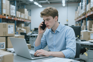 Мужчина работает за ноутбуком и разговаривает по смартфону на складе - AnnaStills